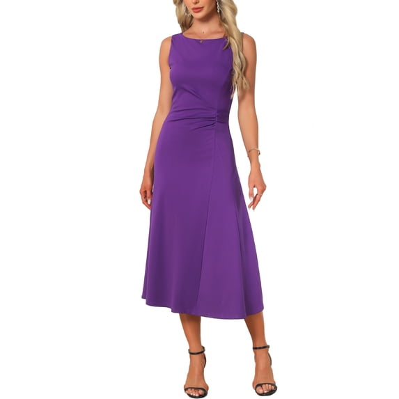 INSPIRE CHIC Women's Dressy Formal Dress Sleeveless Ruched High Waist A-Line Work Dresses L Dark Purple