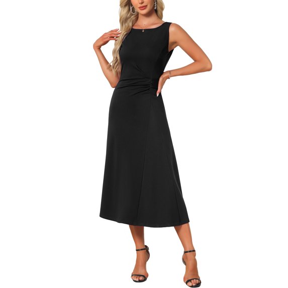 INSPIRE CHIC Women's Dressy Formal Dress Sleeveless Ruched High Waist A-Line Work Dresses S Black