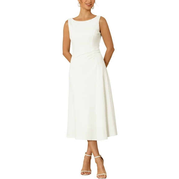 INSPIRE CHIC Women's Dressy Formal Dress Sleeveless Ruched High Waist A-Line Work Dresses S White