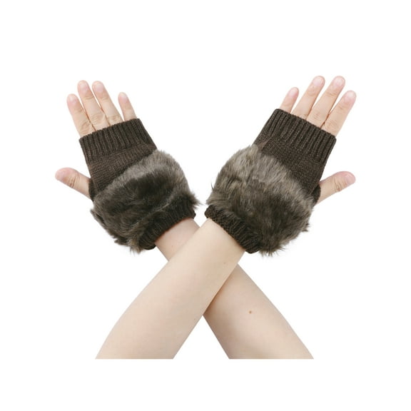 INSPIRE CHIC Women's Elastic Faux Fur Knit Gloves Winter Warm Soft Half Finger Thumb Hole Furry Wrist Sleeves for Windproof Plush Dress Dark Brown