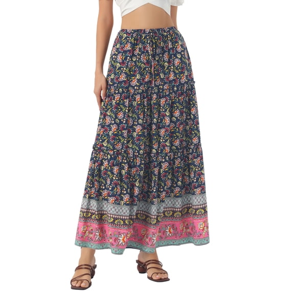 INSPIRE CHIC Women's Elastic High Waist Ruffle Floral Print Boho A Line Pockets Summer Maxi Skirt S Dark Blue