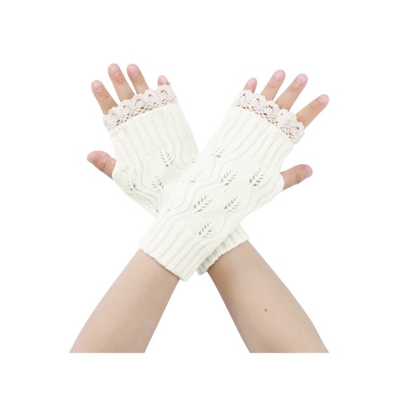 INSPIRE CHIC Women's Elastic Knit Gloves Female Lacework Wrist Arm Warmer Thumb Hole Half Finger Cute Sleeves for Christmas Cool Windproof White