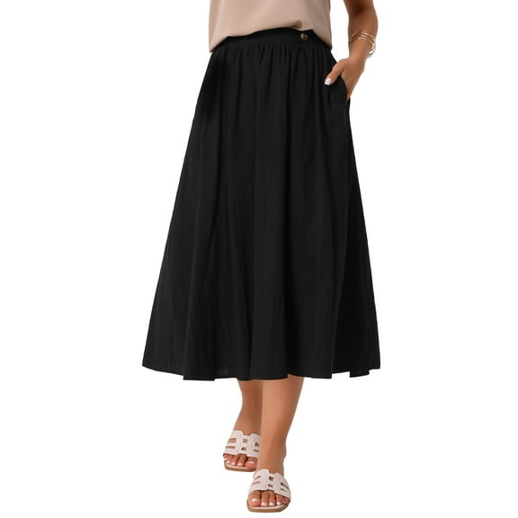 INSPIRE CHIC Women's Elastic Waist A Line Midi Swing Flared Skirt with Pockets L Black