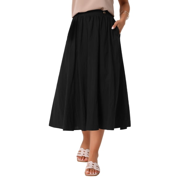 INSPIRE CHIC Women's Elastic Waist A Line Midi Swing Flared Skirt with Pockets L Black