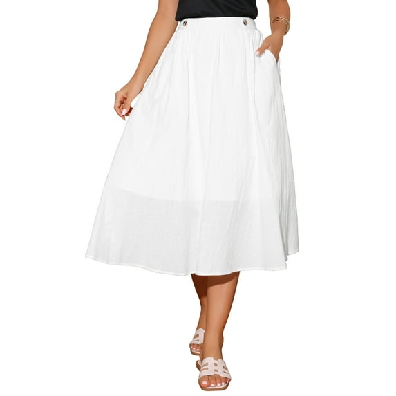 INSPIRE CHIC Women's Elastic Waist A Line Midi Swing Flared Skirt with Pockets S White