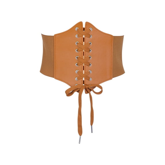 INSPIRE CHIC Women's Elastic Wide Corset Belts, Vintage Lace-up Tied Cinch Waspie Waist Belt for Dresses 27.2x7.7" Camel