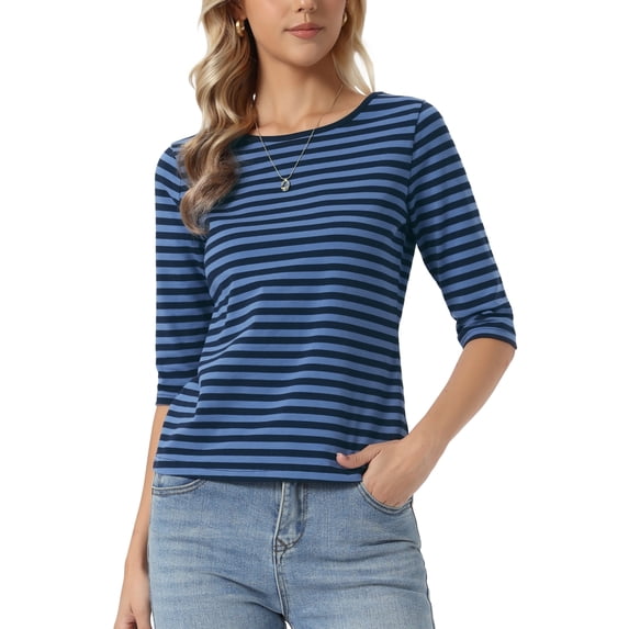INSPIRE CHIC Women's Elbow Sleeves Top Round Neck Slim Fit Basic Tee Casual Printed T-Shirt Dusty Blue-Striped XS