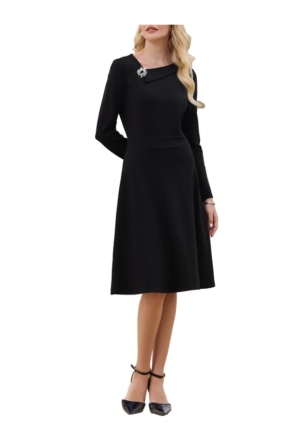 Women's Elegant A-Line Dress Asymmetrical Neckline Wear to Work Flare Dresses L Black