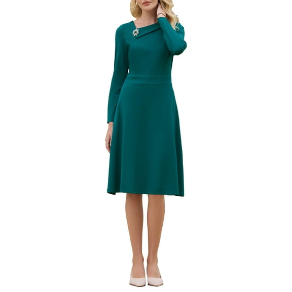 INSPIRE CHIC Women's Elegant A-Line Dress Asymmetrical Neckline Wear to Work Flare Dresses L Peacock Blue