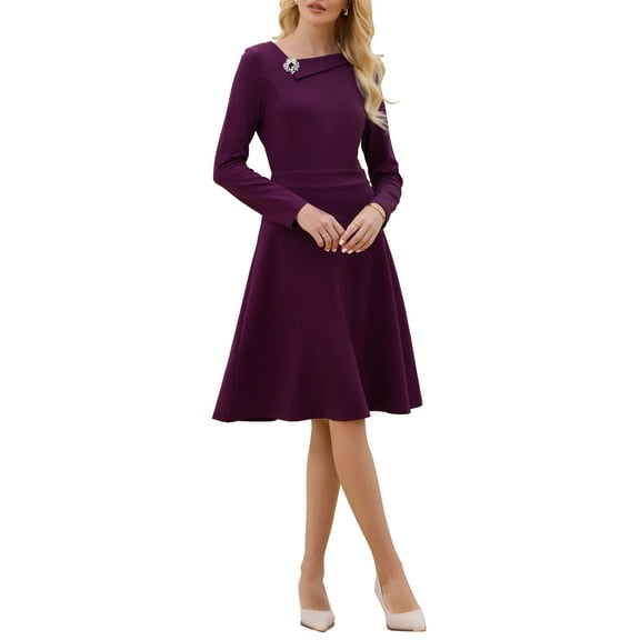 INSPIRE CHIC Women's Elegant A-Line Dress Asymmetrical Neckline Wear to Work Flare Dresses XL Purple