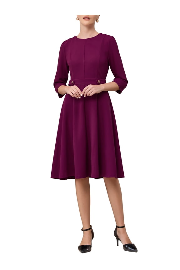Women's Elegant A-Line Dress Crew Neck 3/4 Sleeve Wear to Work Fit and Flare Dresses 2XL Purple