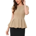 thumbnail image 1 of INSPIRE CHIC Women's Peplum Tops Cap Sleeve Round Neck Solid Color Blouses S Khaki, 1 of 6