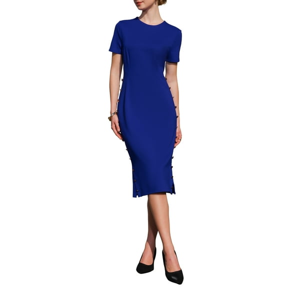 INSPIRE CHIC Women's Elegant Crew Neck Short Sleeve Button Decor Wear to Work Sheath Midi Dresses M Royal Blue
