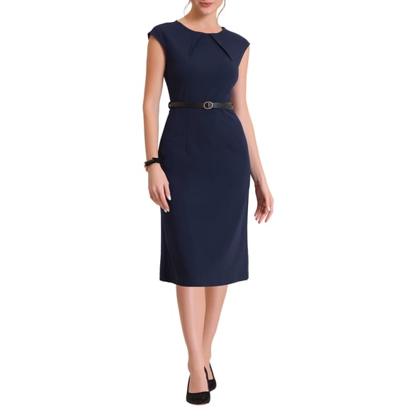 INSPIRE CHIC Women's Elegant Dress Cap Sleeve Belted Wear-to-Work Sheath Dresses Dark Blue XS