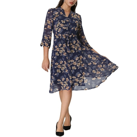 INSPIRE CHIC Women's Elegant Floral Shirt Dress V Neck 3/4 Sleeve Tie Front Flowy Chiffon Dresses L Dark Blue