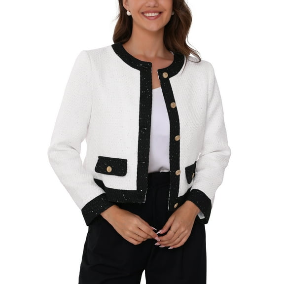 INSPIRE CHIC Women's Elegant Office Contrast Color Collarless Sequins Tweed Crop Jackets S White