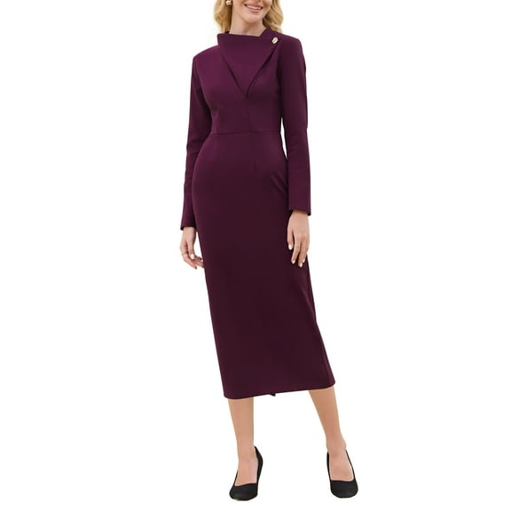 INSPIRE CHIC Women's Elegant Pencil Dress Lapel V Neck Long Sleeve 2025 Trendy Work Knee Length Dresses 2XL Purple
