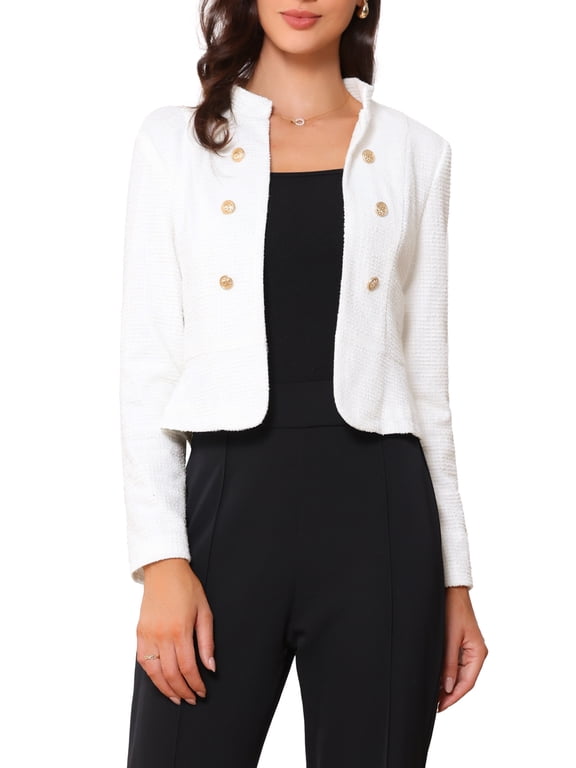Women's Tweed Blazer Stand Collar Cropped Open Front Jacket L Light White