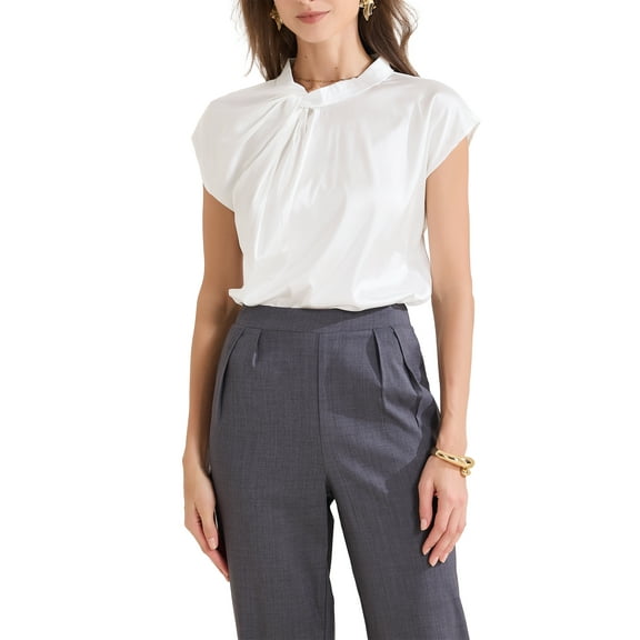 INSPIRE CHIC Women's Elegant Satin Cap Sleeve Pleated Neck Blouse for Casual Office Wear M White