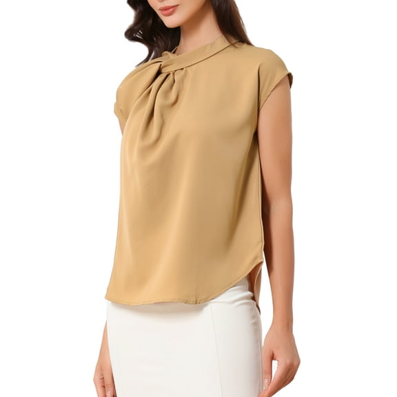 INSPIRE CHIC Women's Elegant Satin Cap Sleeve Pleated Neck Blouse for Casual Office Wear S Khaki