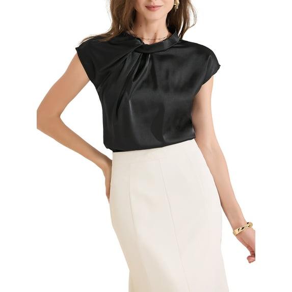 INSPIRE CHIC Women's Elegant Satin Cap Sleeve Pleated Neck Blouse for Casual Office Wear XL Black
