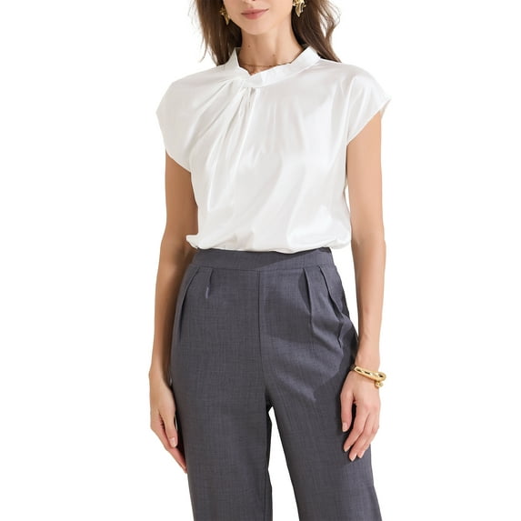 INSPIRE CHIC Women's Elegant Satin Cap Sleeve Pleated Neck Blouse for Casual Office Wear XL White