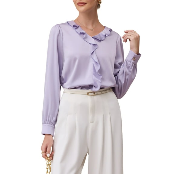 INSPIRE CHIC Women's Elegant Satin Top Ruffle V Neck Long Sleeve Office Work Dressy Shirt Top S Light Purple