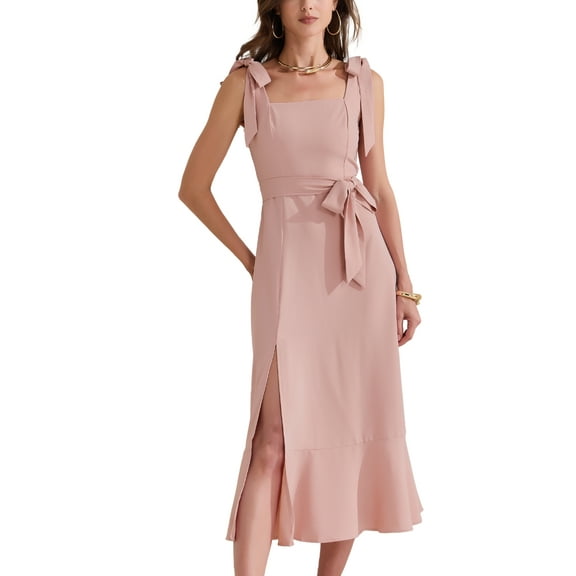 INSPIRE CHIC Women's Elegant Sleeveless Square Neckline Ruffled Hem Side Slits Midi Dress S Pink