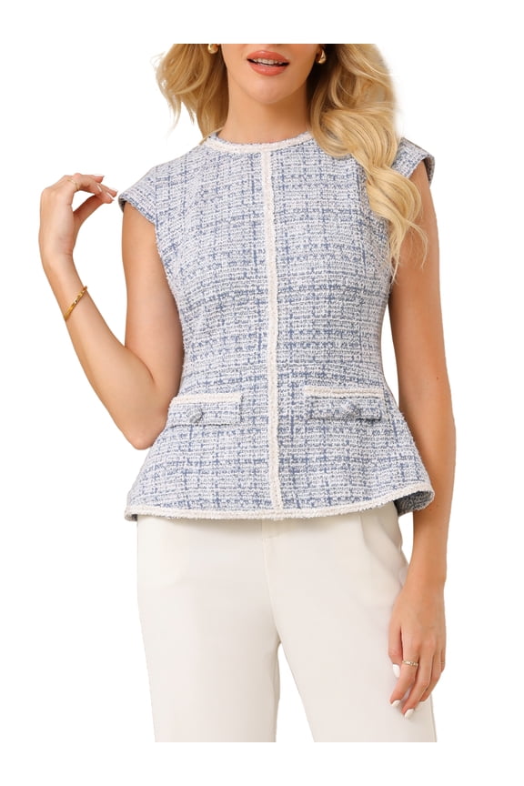 Women's Elegant Tweed Top Crew Neck Cap Sleeve Business Office Peplum Blouse Tops L Light Blue