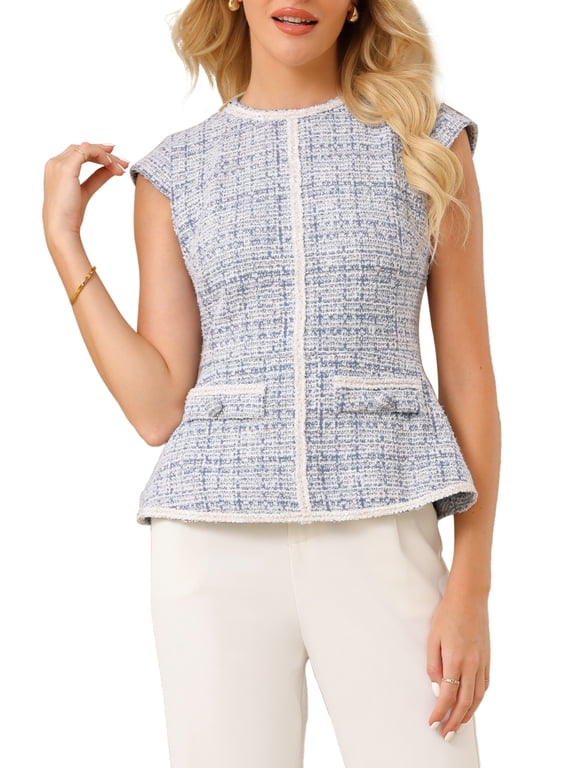 Women's Elegant Tweed Top Crew Neck Cap Sleeve Business Office Peplum Blouse Tops M Light Blue