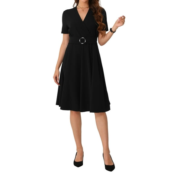 INSPIRE CHIC Women's Elegant V Neck Short Sleeve Pleated Business Work A-Line Dresses XS Black