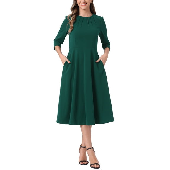 INSPIRE CHIC Women's Elegant Work Dress 3/4 Sleeve Pleated Round Neck Swing Midi Dress L Dark Green