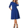 thumbnail image 1 of INSPIRE CHIC Women's Elegant Work Dress 3/4 Sleeve Pleated Round Neck Swing Midi Dress L Royal Blue, 1 of 6