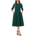 thumbnail image 1 of INSPIRE CHIC Women's Elegant Work Dress 3/4 Sleeve Pleated Round Neck Swing Midi Dress M Dark Green, 1 of 5
