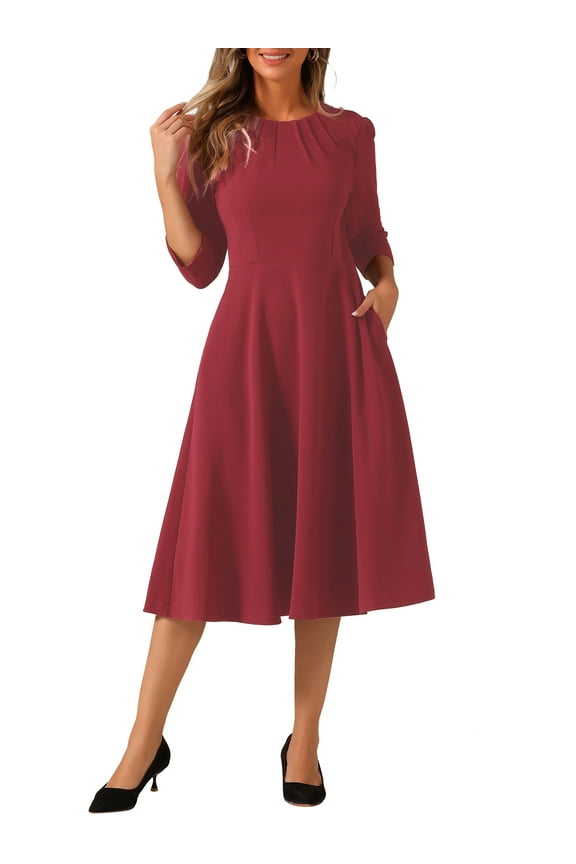 Women's Elegant Work Dress 3/4 Sleeve Pleated Round Neck Swing Midi Dress M Dark Red