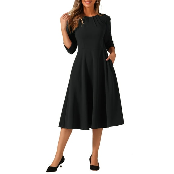 INSPIRE CHIC Women's Elegant Work Dress 3/4 Sleeve Pleated Round Neck Swing Midi Dress S Black