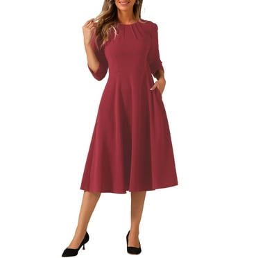 INSPIRE CHIC Women's Elegant Work Dress 3/4 Sleeve Pleated Round Neck Swing Midi Dress XS Dark Red