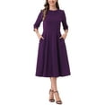 thumbnail image 1 of INSPIRE CHIC Women's Elegant Work Dress 3/4 Sleeve Pleated Round Neck Swing Midi Dress XS Deep Purple, 1 of 5
