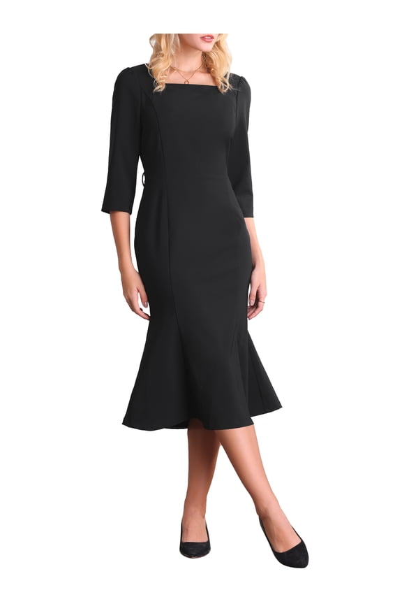 Women's Elgant Fishtail Dress Square Neck Belted 3/4 Sleeve Work Mermaid Dresses L Black