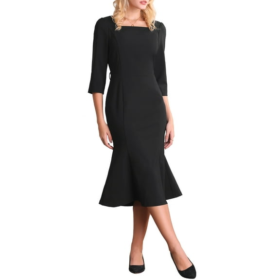 INSPIRE CHIC Women's Elgant Fishtail Dress Square Neck Belted 3/4 Sleeve Work Mermaid Dresses S Black