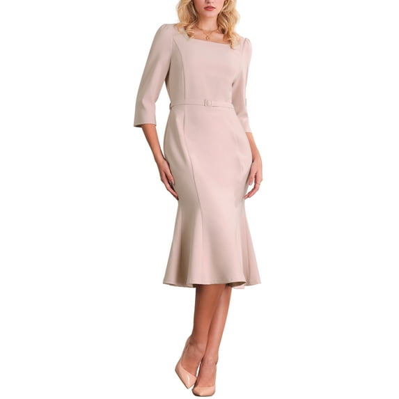 INSPIRE CHIC Women's Elgant Fishtail Dress Square Neck Belted 3/4 Sleeve Work Mermaid Dresses S Pink