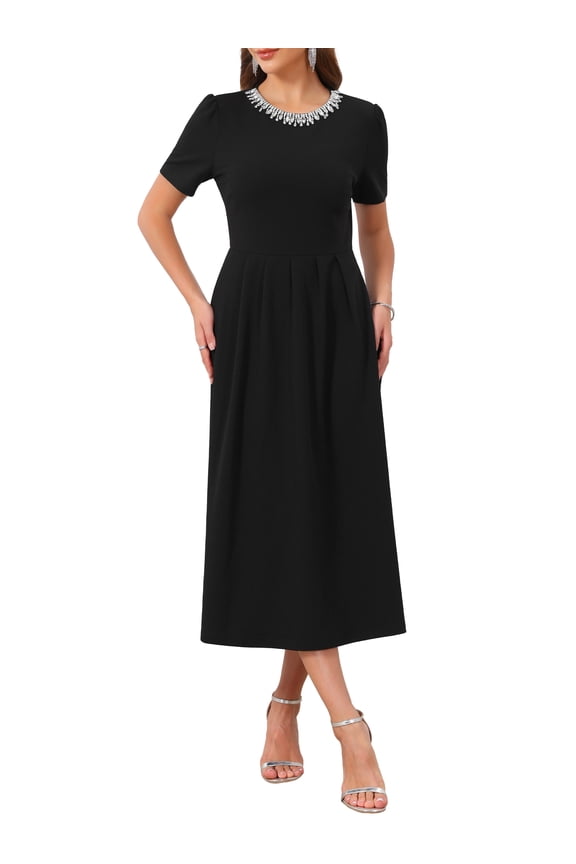 Women's Evening Cocktail Dress Beaded Rhinestones Crewneck Short Sleeve A-Line Formal Dress with Pockets 2XL Black