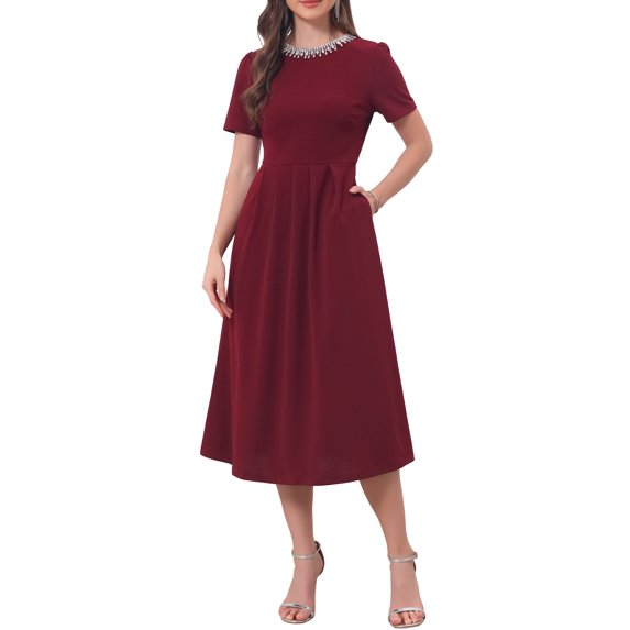 INSPIRE CHIC Women's Evening Cocktail Dress Beaded Rhinestones Crewneck Short Sleeve A-Line Formal Dress with Pockets L Burgundy