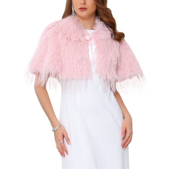 INSPIRE CHIC Women's Evening Cocktail Faux Fur Shrug Bow Tie Neck Bridal Wedding Elegant Cardigan S Pink
