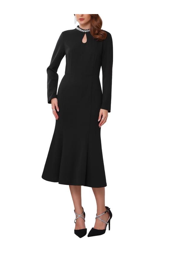 Women's Fishtail Dress Sequin Trim Long Sleeve Elegant Cocktail Evening Dress 2XL Black