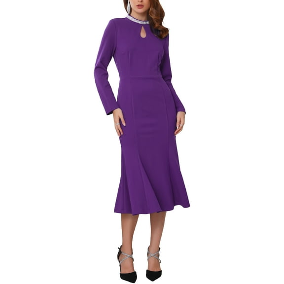 INSPIRE CHIC Women's Evening Fishtail Dress Long Sleeve Sequin Trim Bodycon Formal Cocktail Midi Dresses L Purple