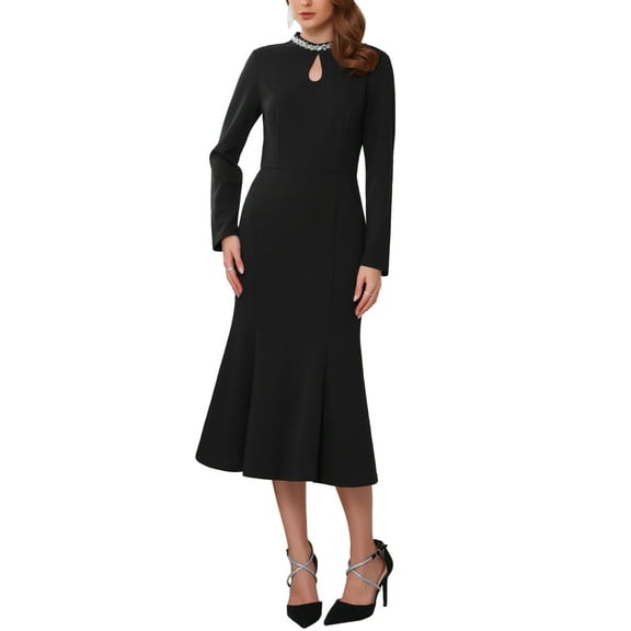 INSPIRE CHIC Women's Evening Fishtail Dress Long Sleeve Sequin Trim Bodycon Formal Cocktail Midi Dresses M Black