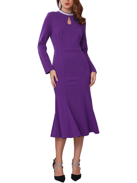 Women's Fishtail Dress Sequin Trim Long Sleeve Elegant Cocktail Evening Dress S Purple