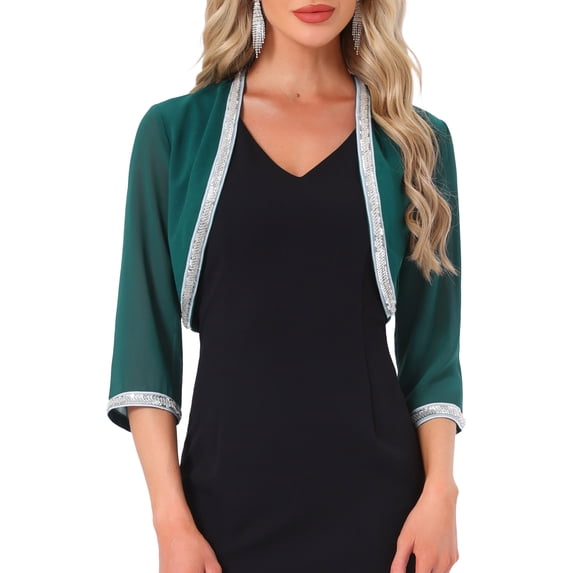 INSPIRE CHIC Women's Evening Shrug Sequin Trim 3/4 Sleeve Open Front Cropped Chiffon Cardigan Dark Green L