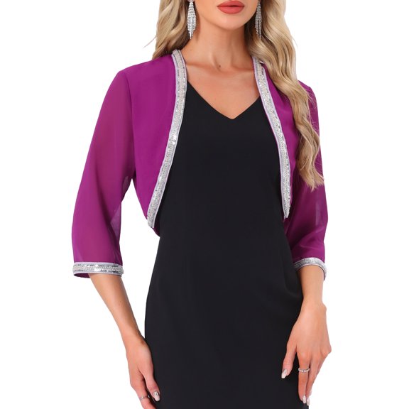 INSPIRE CHIC Women's Evening Shrug Sequin Trim 3/4 Sleeve Open Front Cropped Chiffon Cardigan Purple L